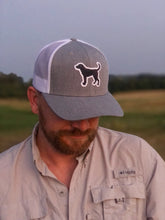 black lab hat in grey/white, worn on a man