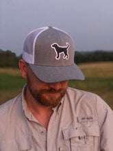Load image into Gallery viewer, black lab hat in grey/white, worn on a man

